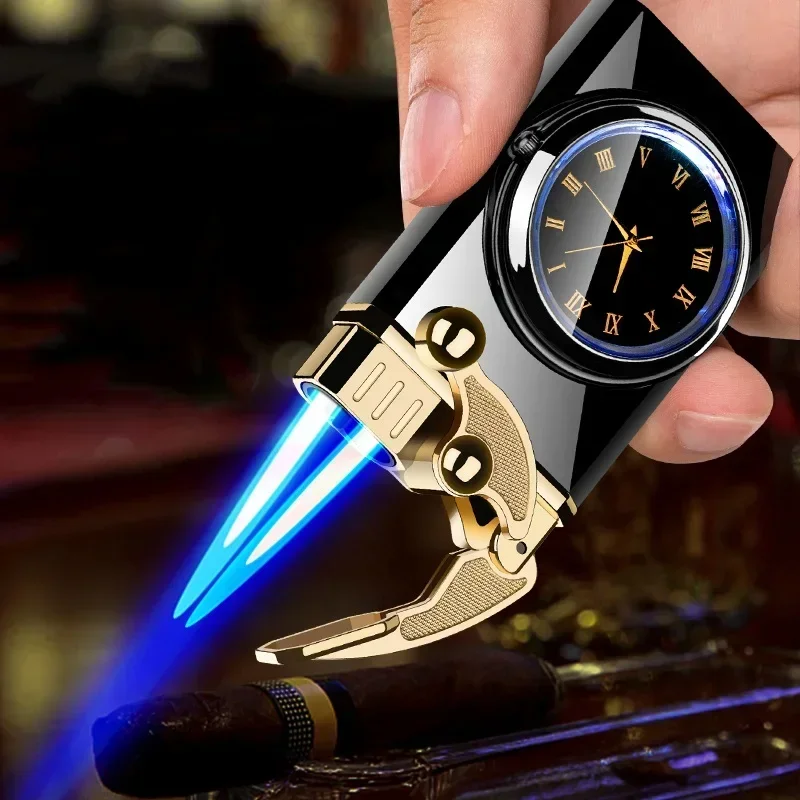 Watch Gas Lighter Windproof Metal Rocker Arm Ignition Colorful Lights Jet Butane Double Flame Torch Cigar Lighters Smoking Gift