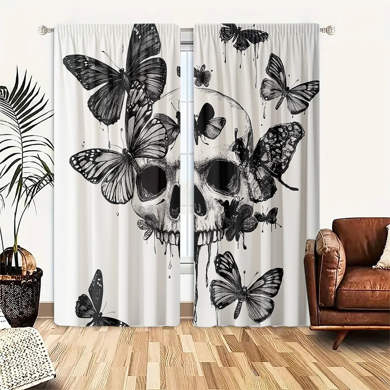 White Base Sketch Skull Butterfly Curtain Panels 2 Pack, Dripping Ink Skeleton Insect Gothic Cool Teen Boys Room Curtain