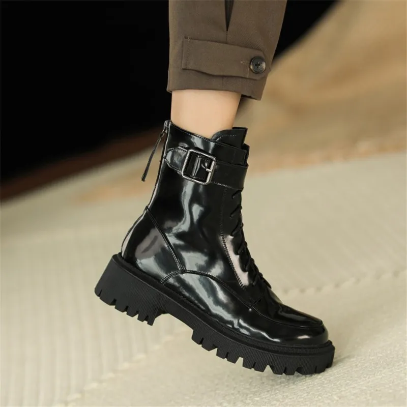 New Winter Genuine Leather Women Boots Fur Warm Boots Snow Boots Zippe Lace-up Platform Boots Black Motorcycle Boots Shoes