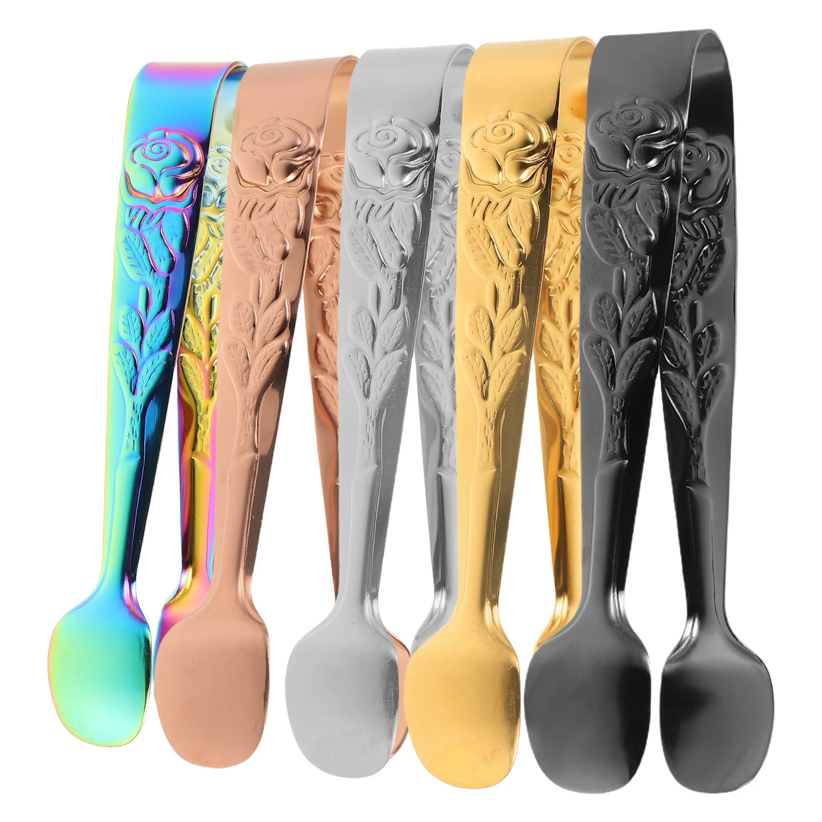

5pcs Stainless Steel Food Tongs Rose Pattern Mini Serving Tongs For Sugar Cubes Ice Bread Desserts Tea Party Coffee Bar