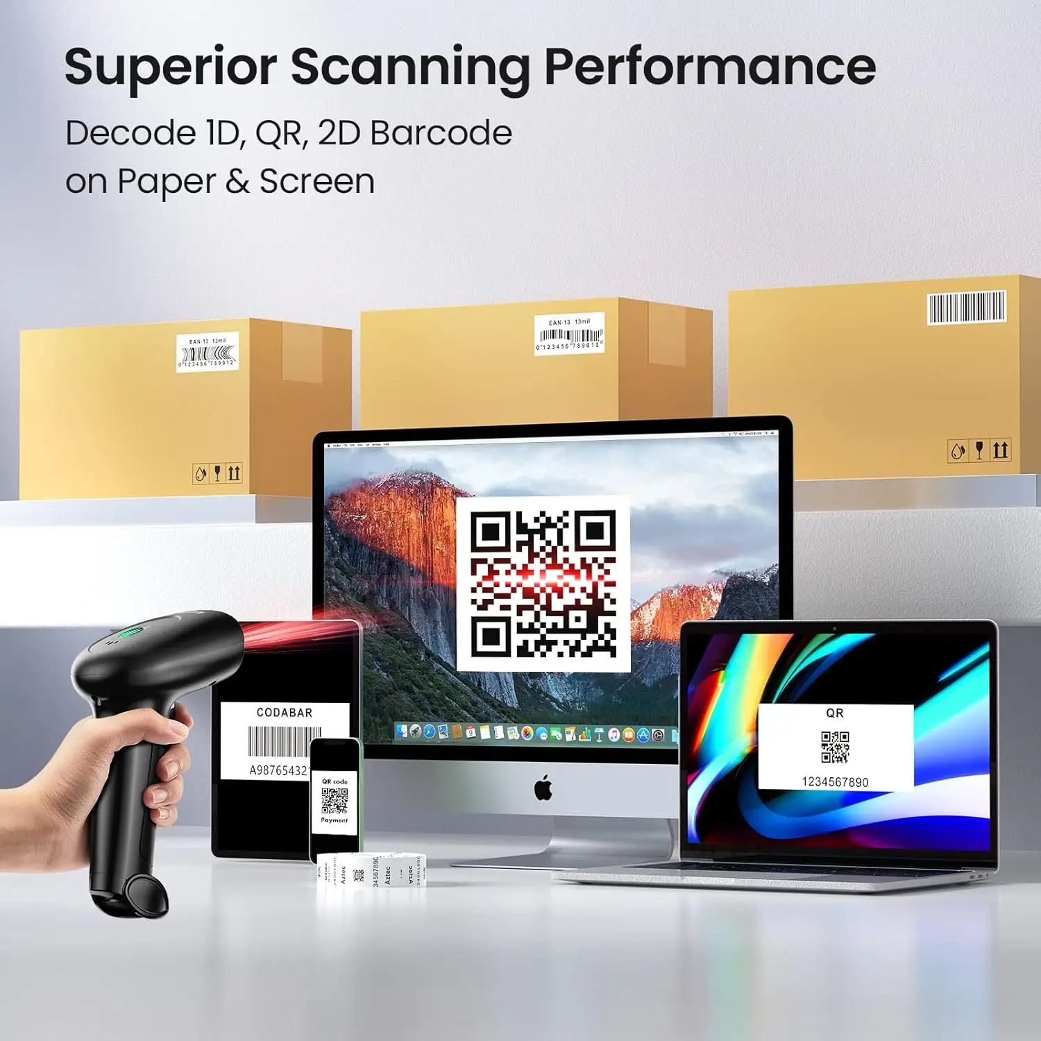 WHS-22 2D Barcode Scanner 2.4Ghz RF Wireless + Bluetooth + USB QR Code Reader Type-C Charging High Quality with Stand
