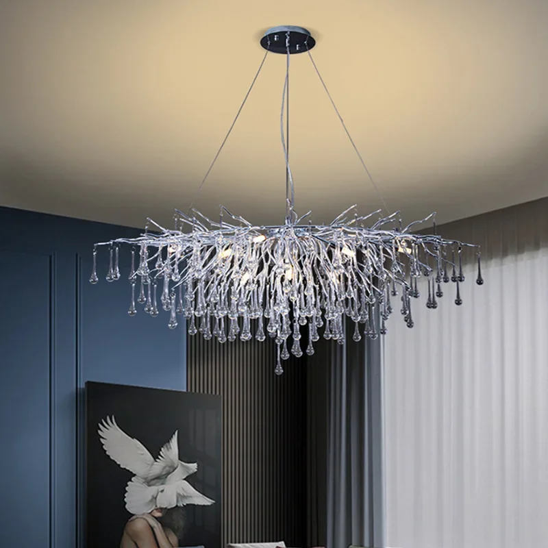 

Light luxury living room lamp, silver creative branch, water drop chandelier, glass crystal chandelier