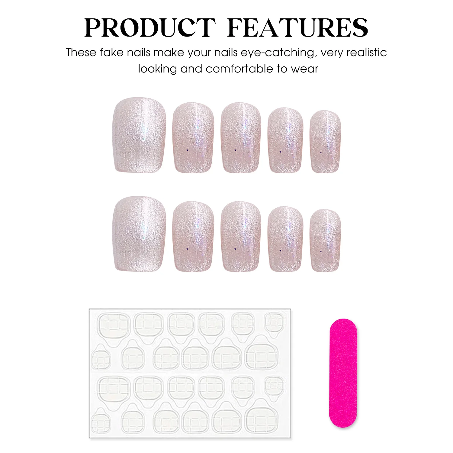 10pcs Short Square False Nail Patches Glitter Light Pink Cat's Eye Handmade Press On Nails Reusable Nude Fake Nails For Women