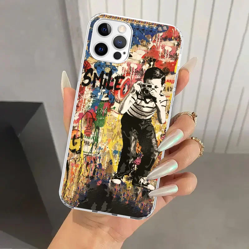 Banksy Graffiti Art Phone Case for Iphone 16 15 14 13 12 Mini 11 Pro Max 16E X XS XR 7 Plus 8 SE 2020 Soft Funda Print Shell