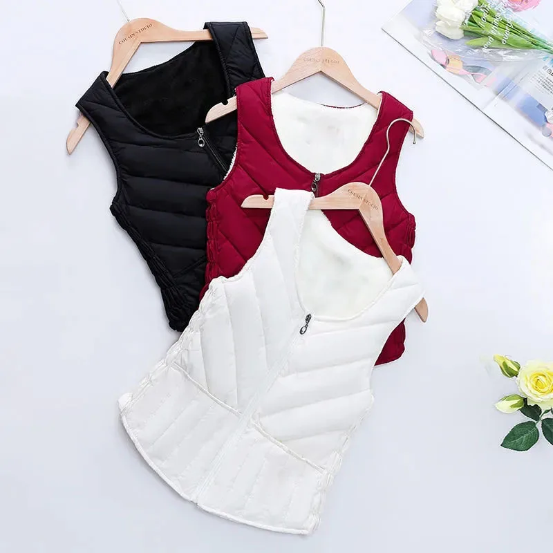 2024 New Women Fleece Vests Autumn Ultra-light Sleeveless Jacket Winter Cotton Padded Lambswool Warm Elastic Waistcoat Female