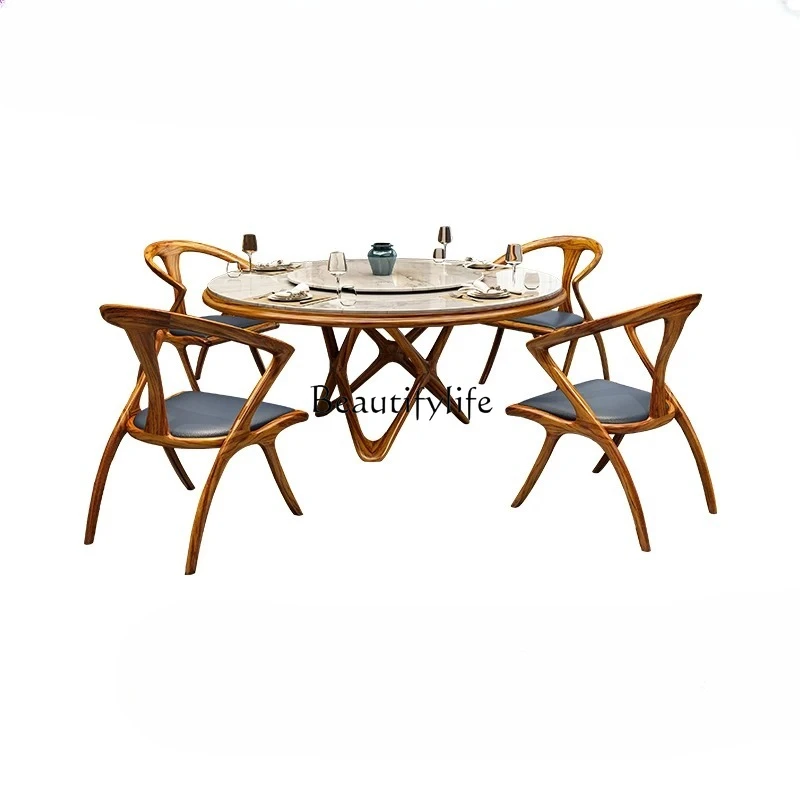 

Household new Chinese solid wood round dining table with turntable, one table and six chairs