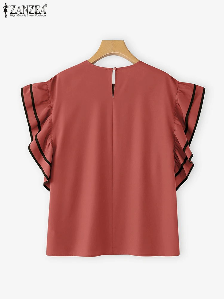 بلوزة نسائية أنيقة من ZANZEA لعام 2025 قمصان مكشكشة بأكمام قصيرة ورقبة دائرية ملابس علوية صيفية فضفاضة غير رسمية بلوزات مكتب تونك #5