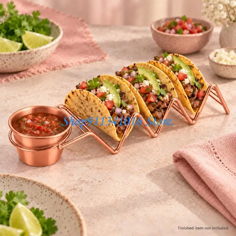 Tacos Serving Rack with Stainless Steel Open Wire Frame, 3 Divided Slot, and Side Cup for Salsas and Other Dips