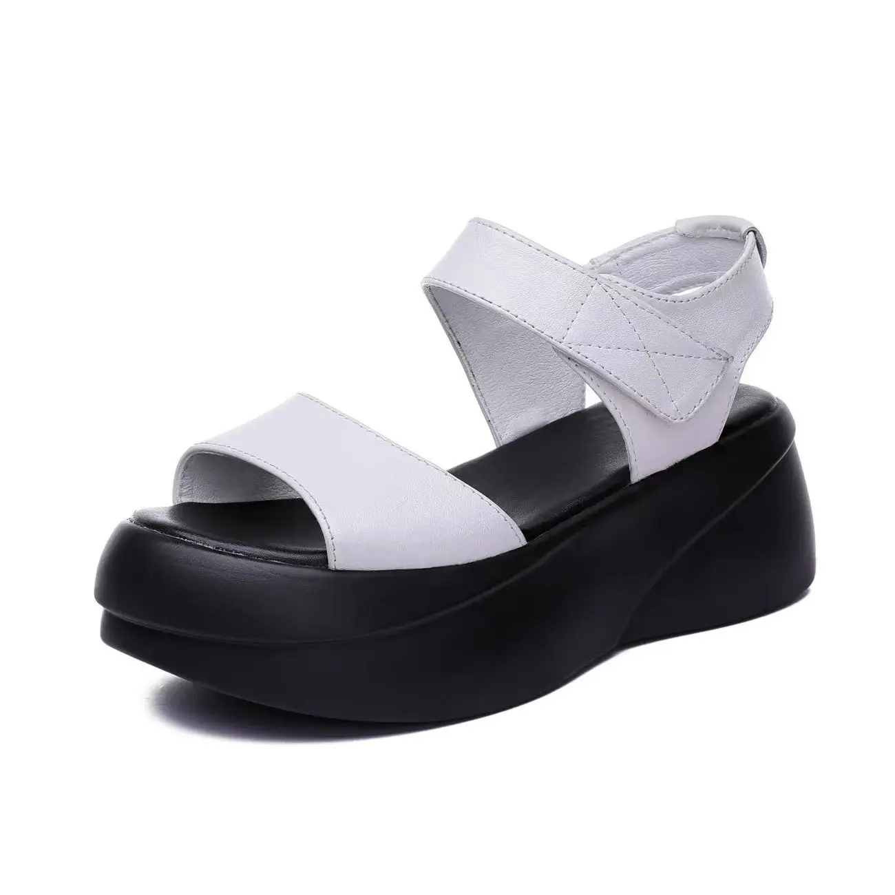 Women's PU Leather Thick sole One Word Sandals Summer New Lightweight Non Slip Velcro Height Increasing Casual Sports Sandals