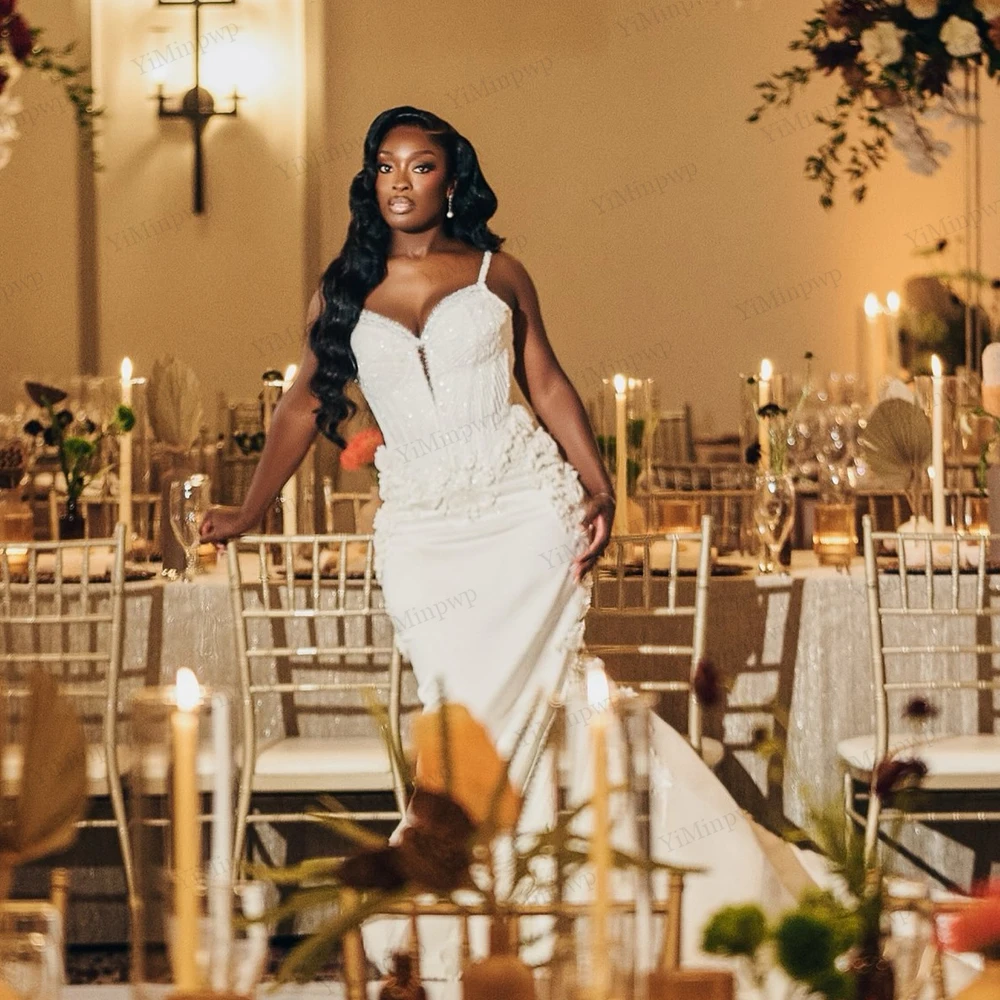 

Customized African Flowers Wedding Dresses Spaghetti Straps V-Neck Beading Bride Gowns Mermaid Luxuries vestidos de novia 2026