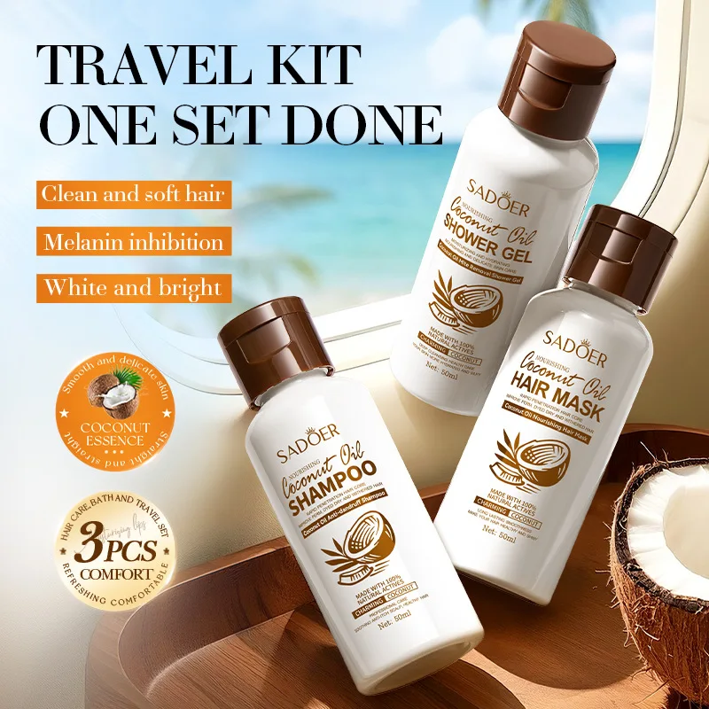 Coconut oil travel care set, including oil-controlling shampoo, conditioner, and body wash,a portable three-piece toiletries set