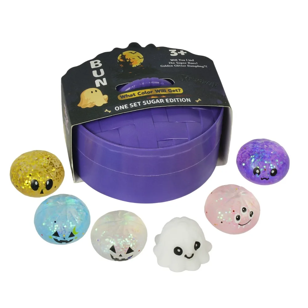 6pcs/set Soft Cute Mini Dumplings Squishy Food Shape With Steamer Squishy Crystal Bun Halloween Pinch Fidget Sensory Toy