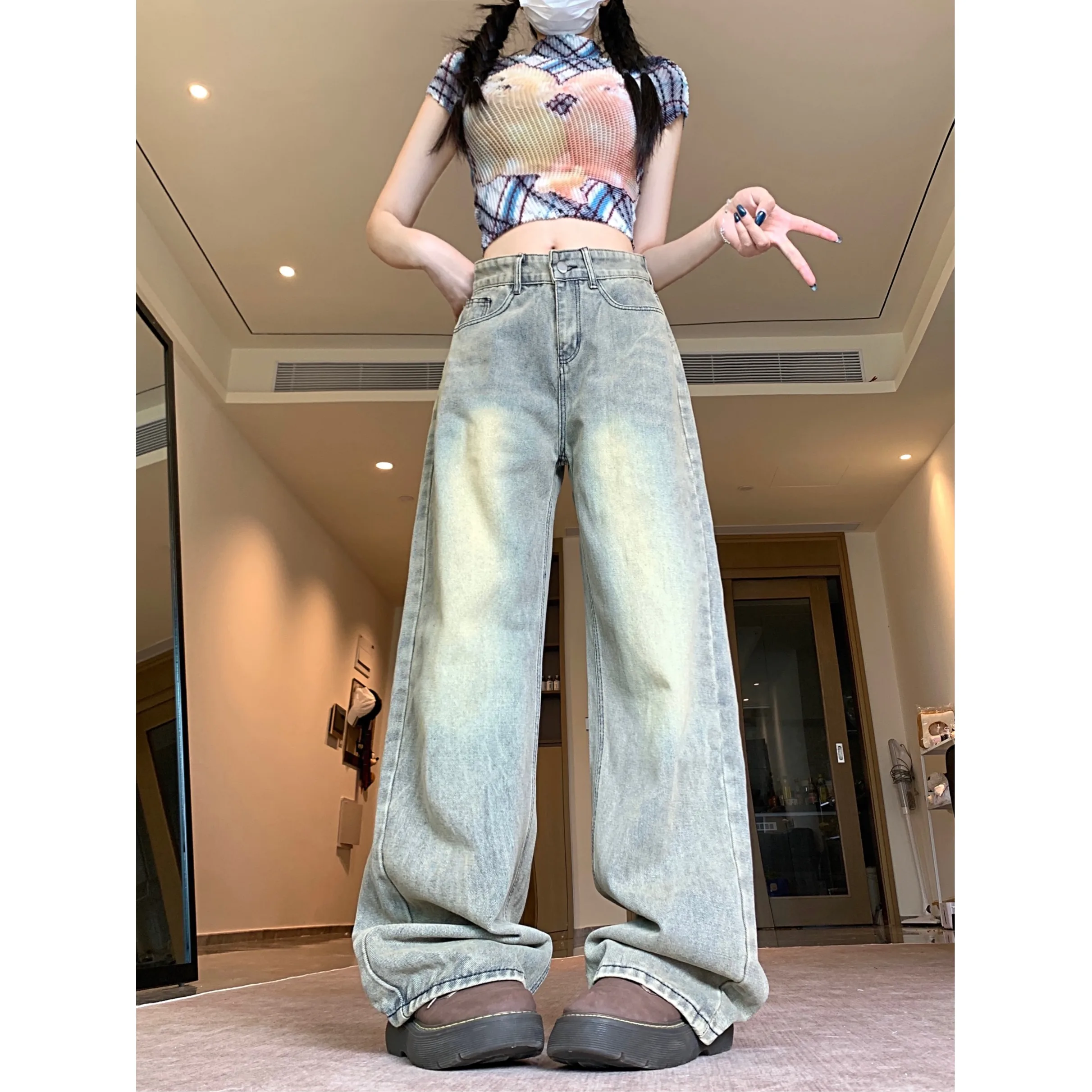여성용 와이드 레그 청바지, 향수를 불러일으키는 아메리칸 스타일, 루즈핏, 슬리밍 및 다용도 스트레이트 레그 바닥 팬츠