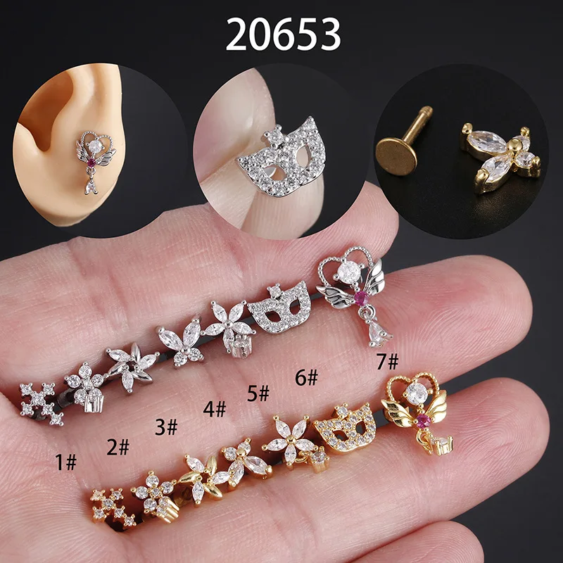 Piercing Cartilage en acier chirurgical 1.2x6mm, 2 pièces, fleur, clou d'oreille, Tragus, barre Helix, lèvre supérieure, anneau, bijoux de corps, boucle d'oreille S