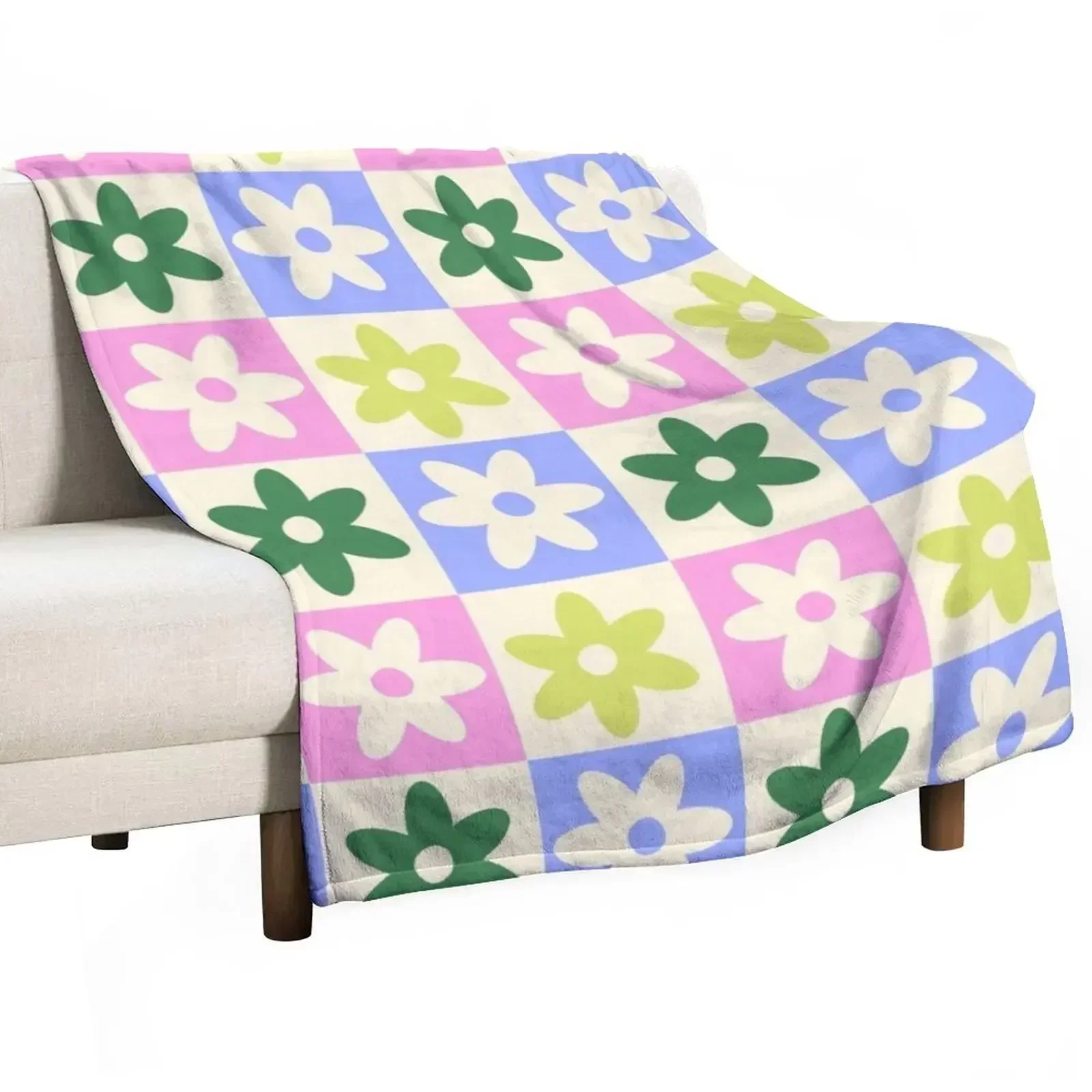 

Pastel Floral Checkerboard Print Throw Blanket Stylish Decor Blanket Gift for Friends Roommate