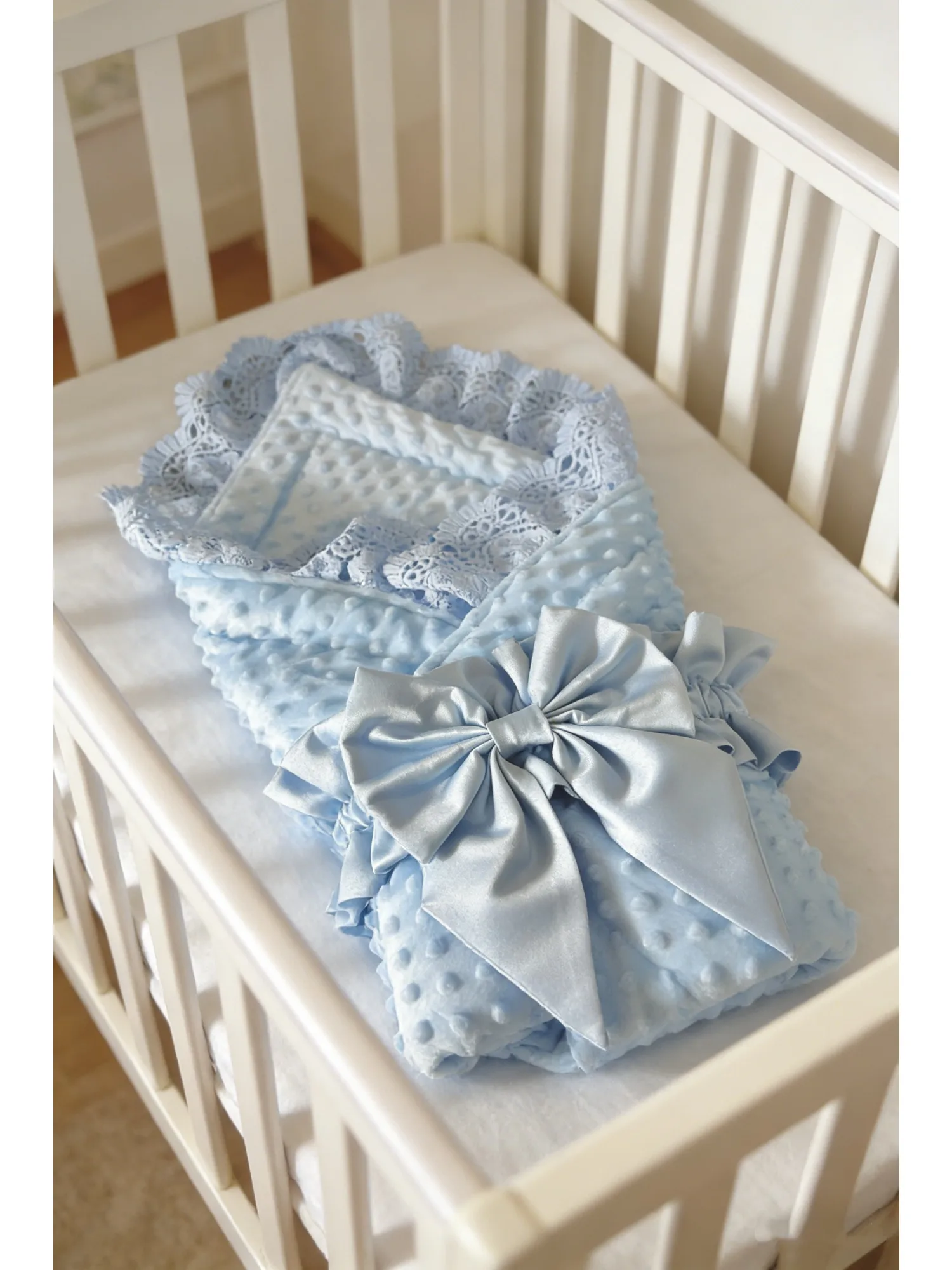Newborn Light Blue Satin Bow Swaddle - Premium Baby Wrap for Naming Ceremony, Newborn Photos, Hospital Outfit, Gentle Swaddling