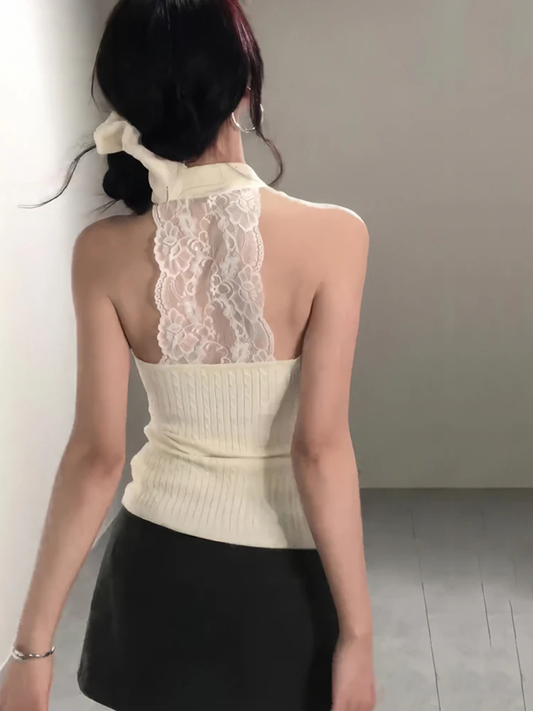 

Pure Desire Style Spicy Girl Back Hollow Lace Hanging Neck Strap Top Women's Summer Design Unique Sleeveless Tank Top