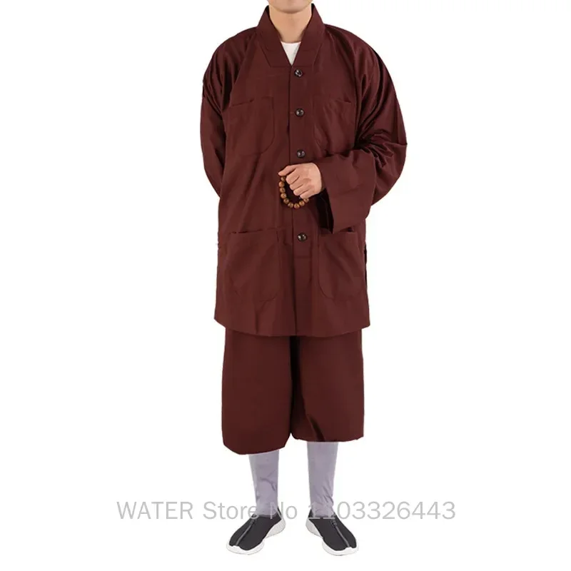 Seragam Kung Fu air seni bela diri tradisional Cina Buddhisme Arhat set gaun pria biksu jubah pakaian atasan dan Celana Buddha