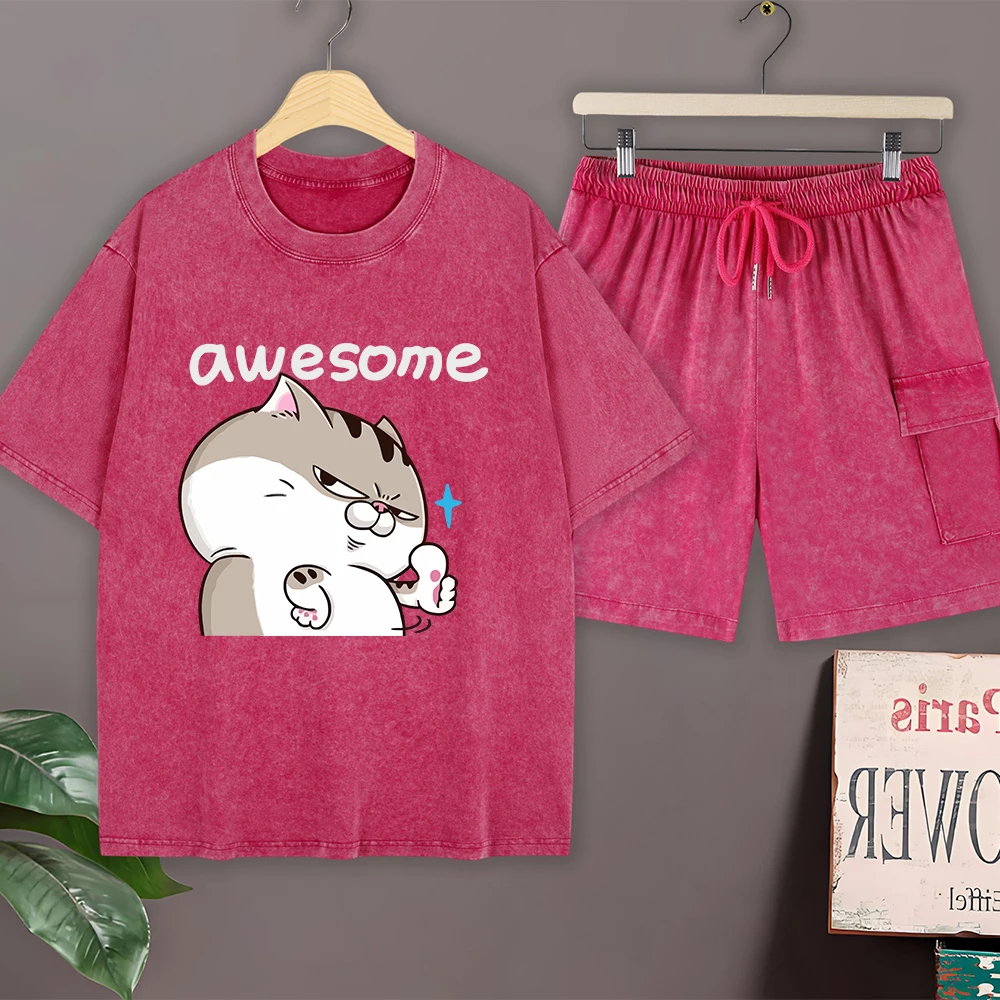 

Комплект мужской летней одежды: футболка оверсайз из хлопка с эффектом потертости и шорты карго, с круглым вырезом, короткий рукав, повседневный стиль