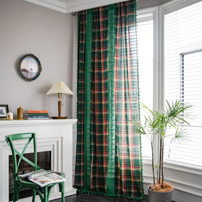 Christmas Plaid Patchwork Yarn-dyed American Window Curtain with Tassels Shading Valance Living Room Kitchen Floating Curtains