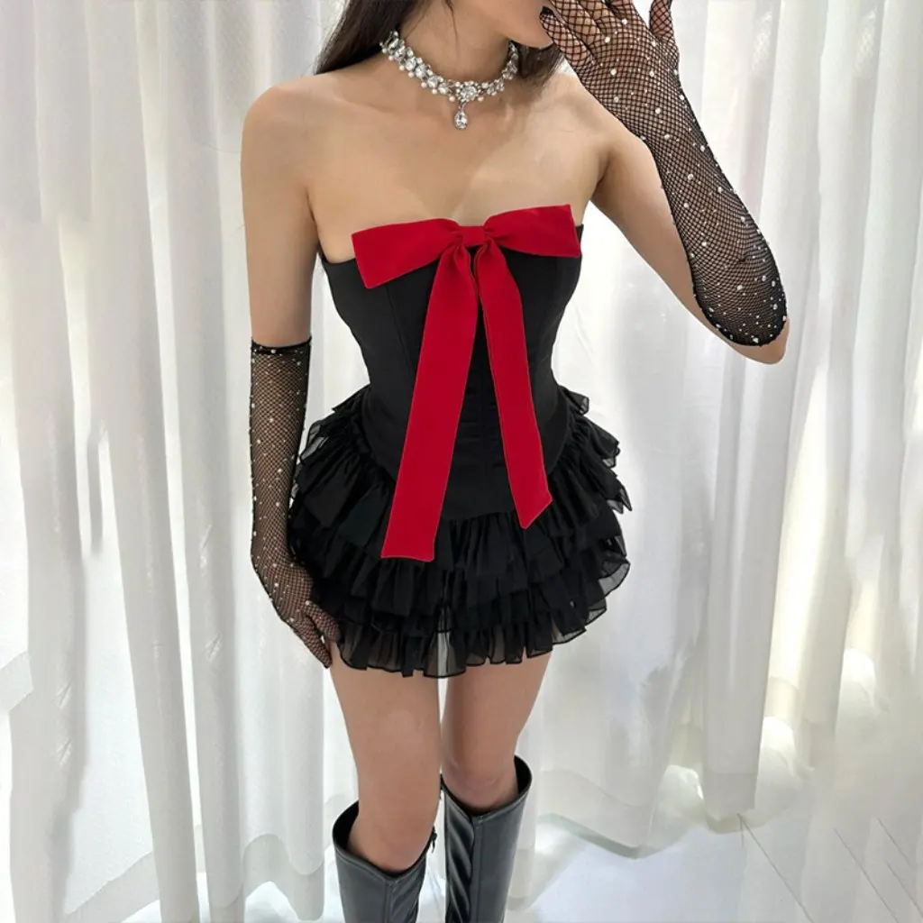 Women's Sexy Sweet Spicy Bow Vest Lotus Leaf Skirt Suit European American Style Winter New