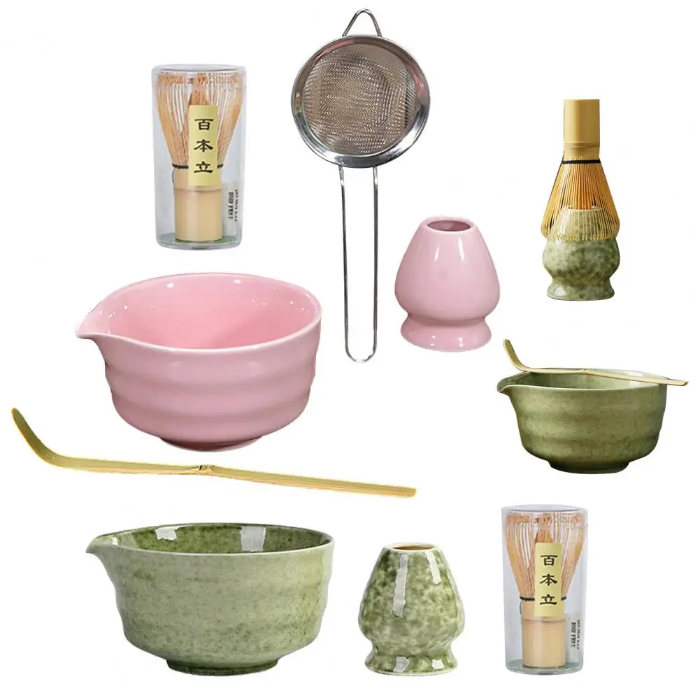 

Japanese Tea Set Ceramic Bamboo Japanese Matcha Tea Set with Bamboo Whisk Holder Artisanal Brewing Kit Small Sifter for Starter
