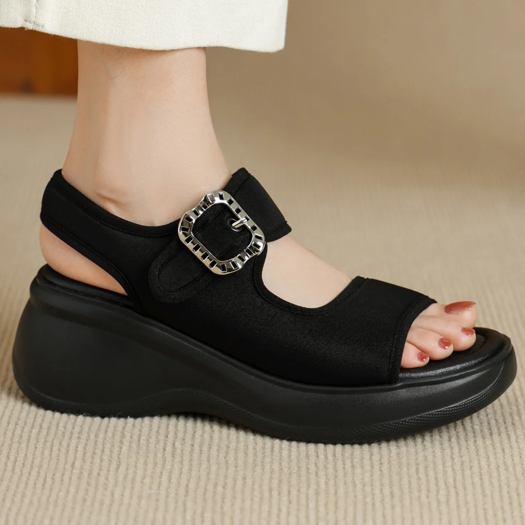 

danxuefei women's lycra narrow band open toe slingback sandals metal buckle 7cm wedge high heel platform casual summer shoes 40