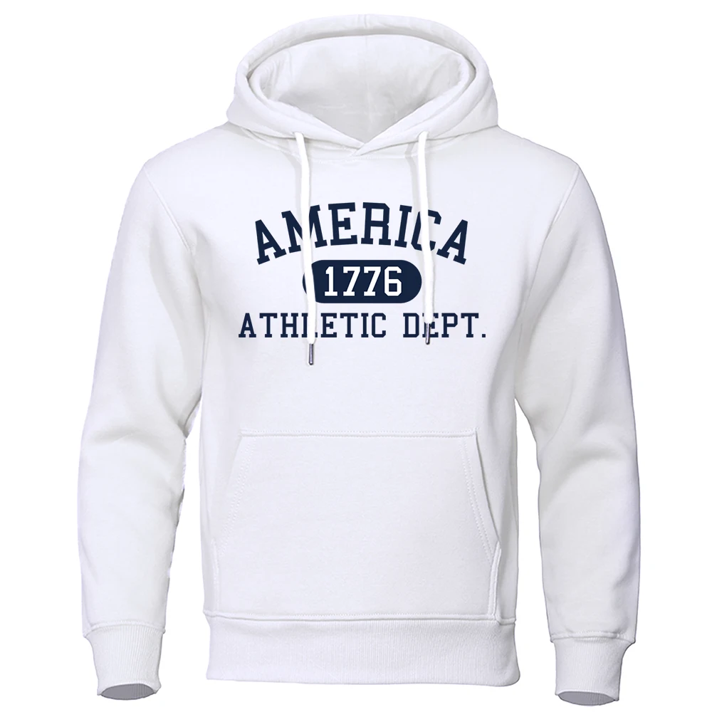 

America 1776 Athletic Dept Letter Print Mens Hoodies Pocket O-Neck Sweatshirt Autumn Soft Sweatshirt Casual Loose Man Clothing