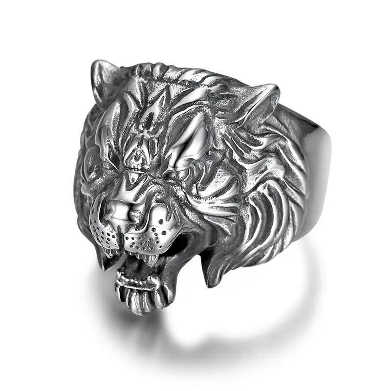 Megin D Stainless Steel Titanium Animal Tigers Head Punk Rings for Men Women Couple Friends Gift Fashion Jewelry