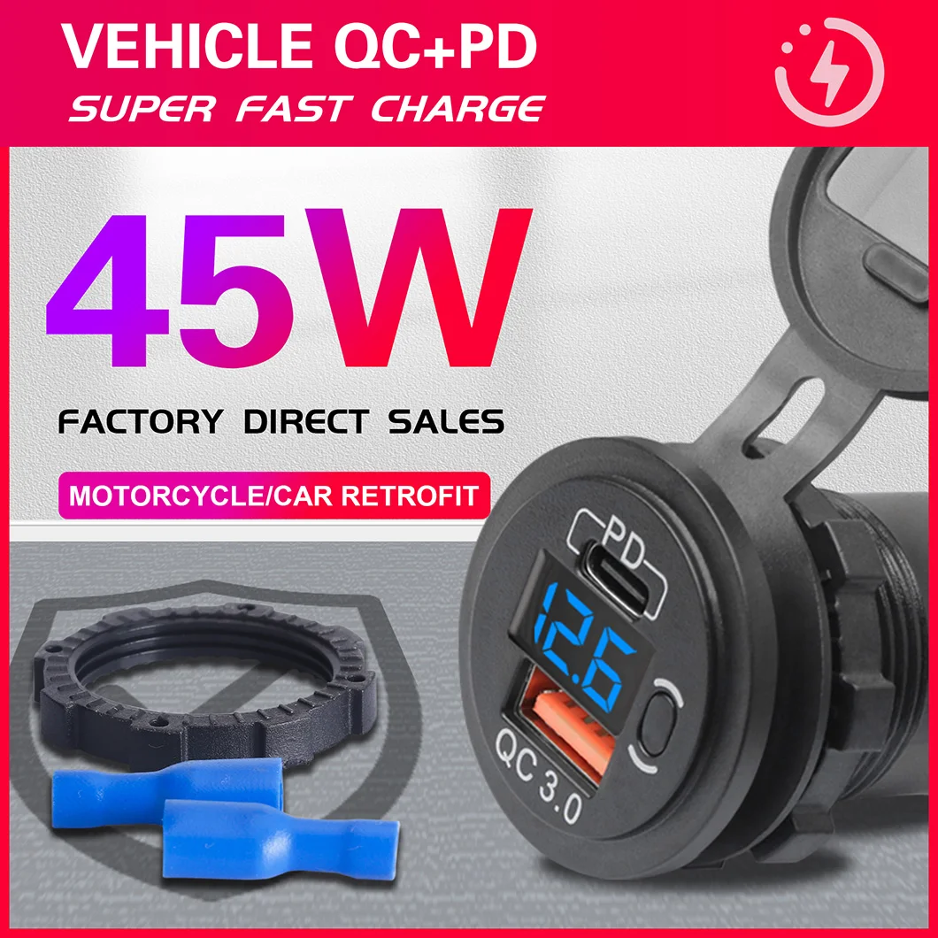 Dual port QC3.0 USB+PD Socket Car Charger with Touch switch and Red/Green/Blue Led light Voltmeter