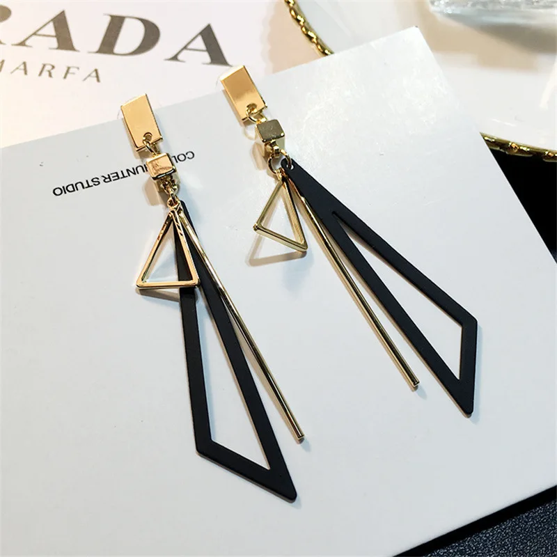 Korean Style Geometric Long Triangle Hollow Tassel Earrings Fashion Niche Design Internet Celebrity Versatile Earrings Clearance