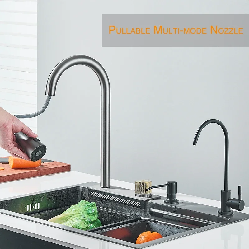 304 5 Water Discharge Modes Stainless Steel Waterfall Kitchen Sink Large Single Slot Integrated Digital Display Faucet Set