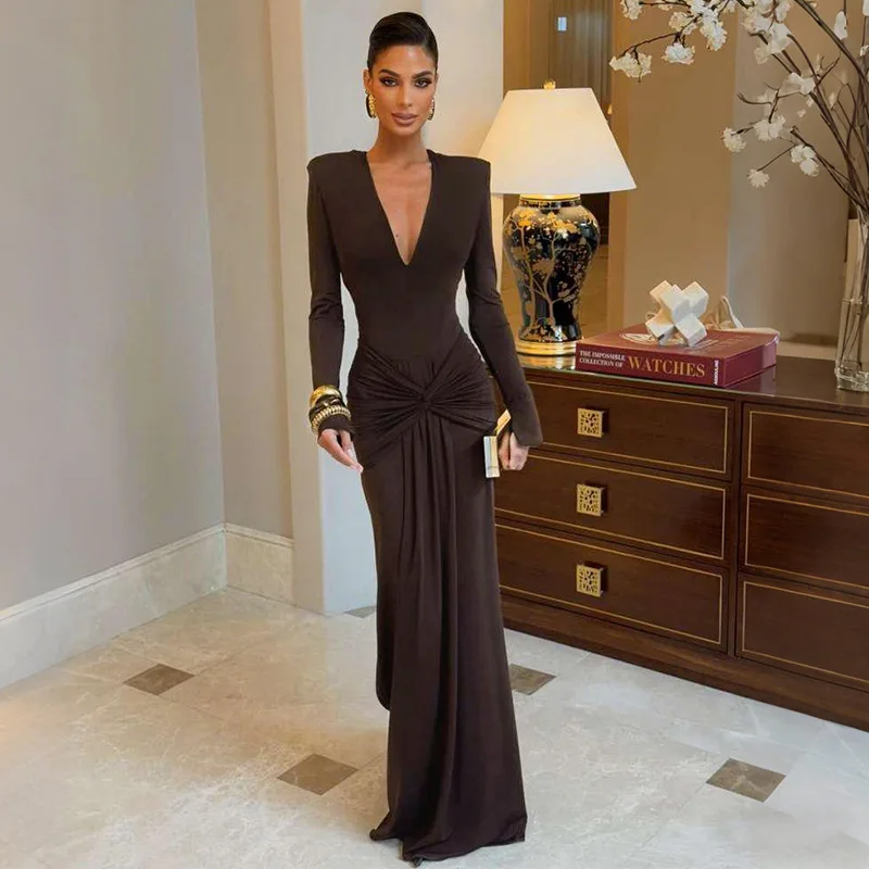 Twist Geraffte Bodycon Maxi Party Kleid Frauen Solide Elegante V-ausschnitt Volle Hülse Dünnes Abendkleid Geburtstag Lange Robe Streetwear