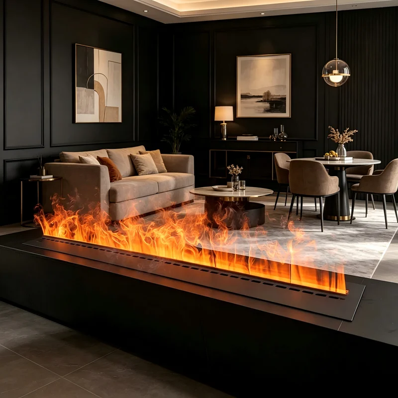 Minimalist 3D Water Vapor Fireplace 1500mm,Ultra Thin 6cm,Wall Mounted,Realistic Flame,Remote,No Heat,Ambient Light firepit