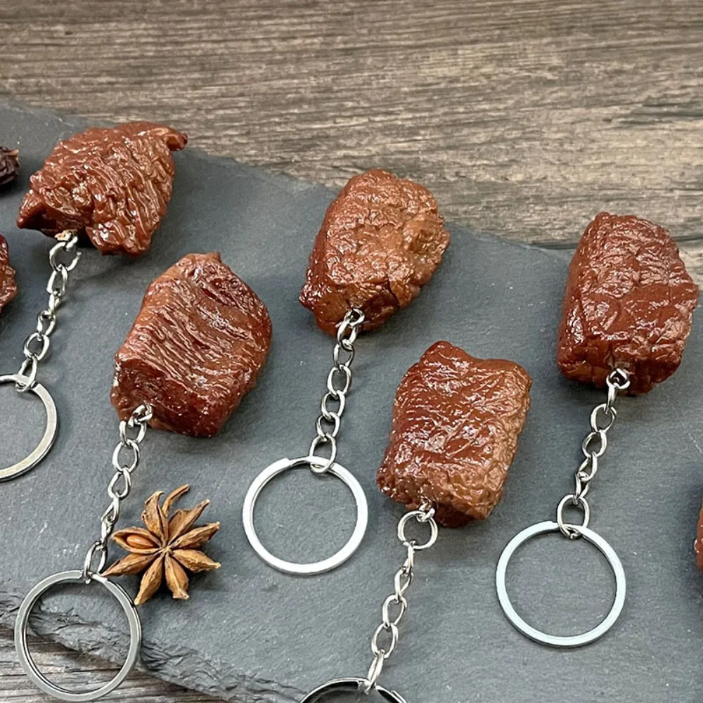 Imitation Food Beef Keychain PVC Simulation Beef Block Beef Cubes Keyring Food Model Simulation Food Keychain Car Accessories