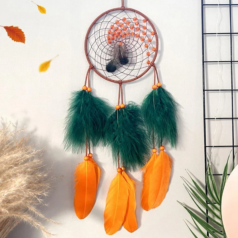 Dream Catcher Dreamcatcher-Orange Warm Autumn With Goose Feather And Turkey Feather, Handmade For Home Bedroom Decor Durable