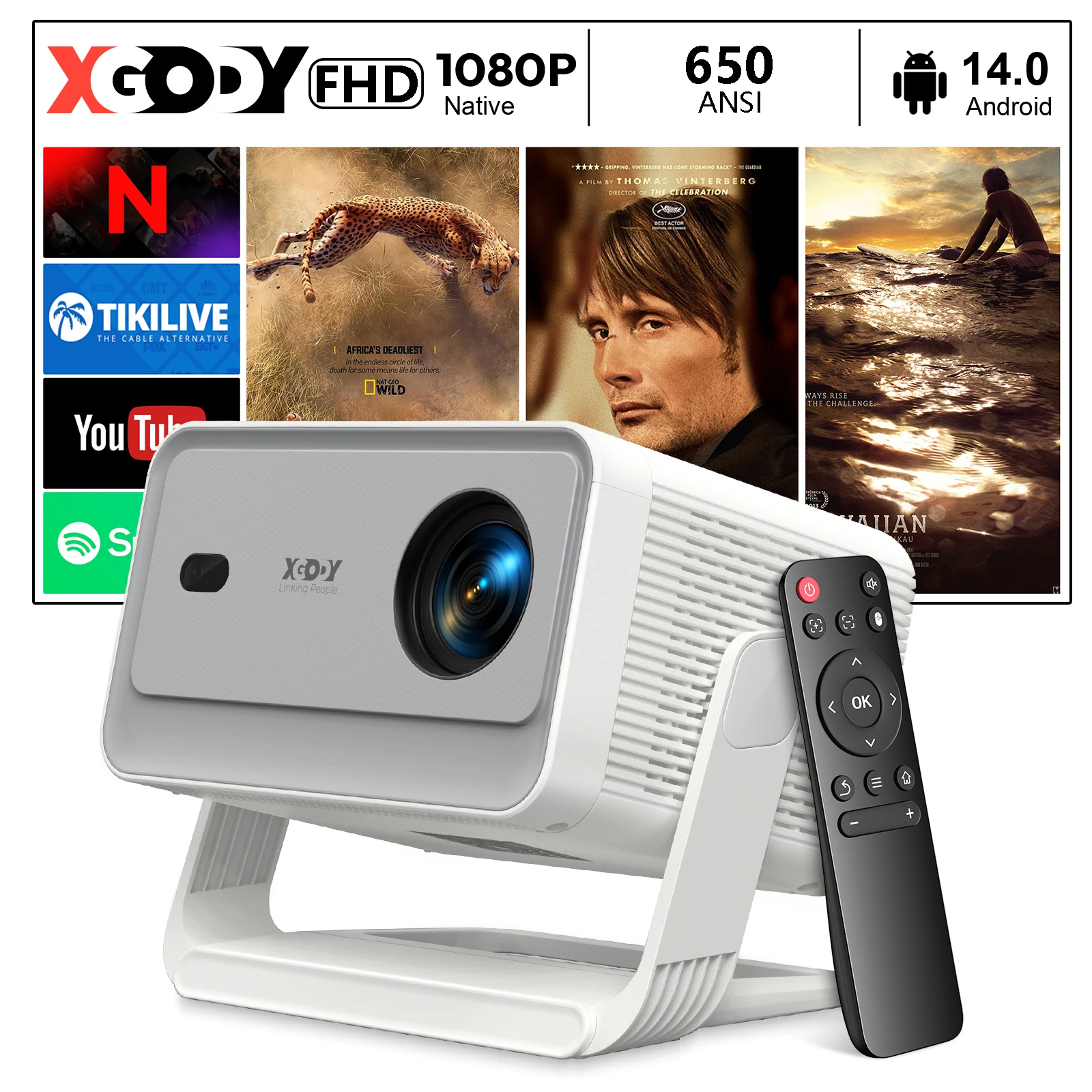 XGODY A6 Pro 650 ANSI Lumens Smart Projector, Native 1080P with 8K Decoding, Android 14, Wi-Fi 6 & Bluetooth 5.2, Auto Focus & Screen Alignment, Portable Home Theater for Home & Backyard Movies