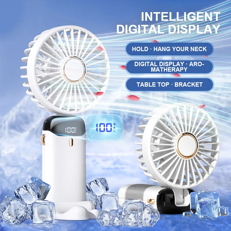 USB Handheld Mini Fan Foldable Portable Neck Hanging Fans 5 Speed USB Rechargeable Fan with Phone Stand and Display Screen