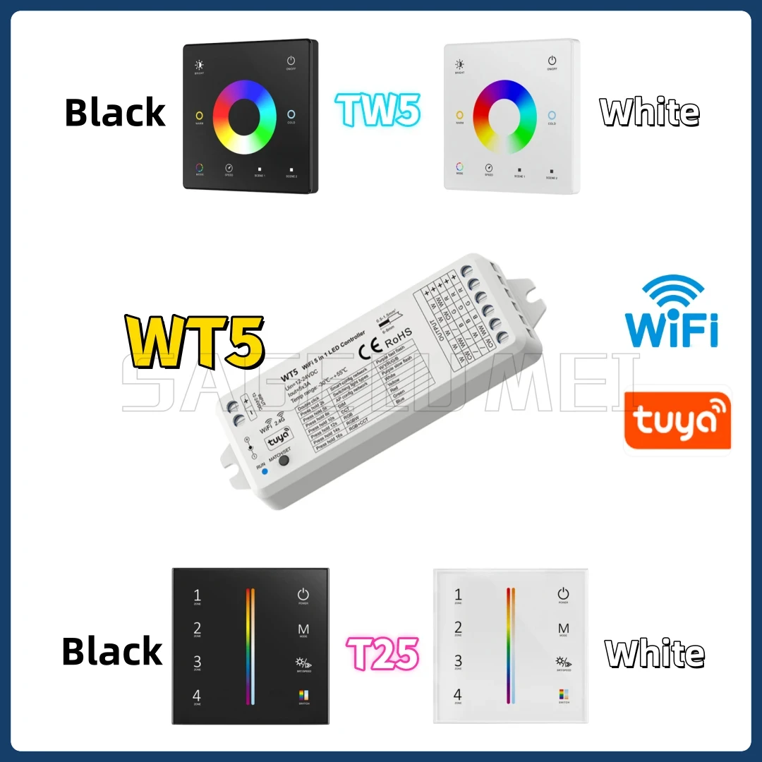 Tuya WT5 TW5 T25 RGBCCT Controller 12-24V DC 5 in1 Dimmer CCT RGB RGBW LED Strip Light Glass Touch Panel 2.4G RF Wifi Controller