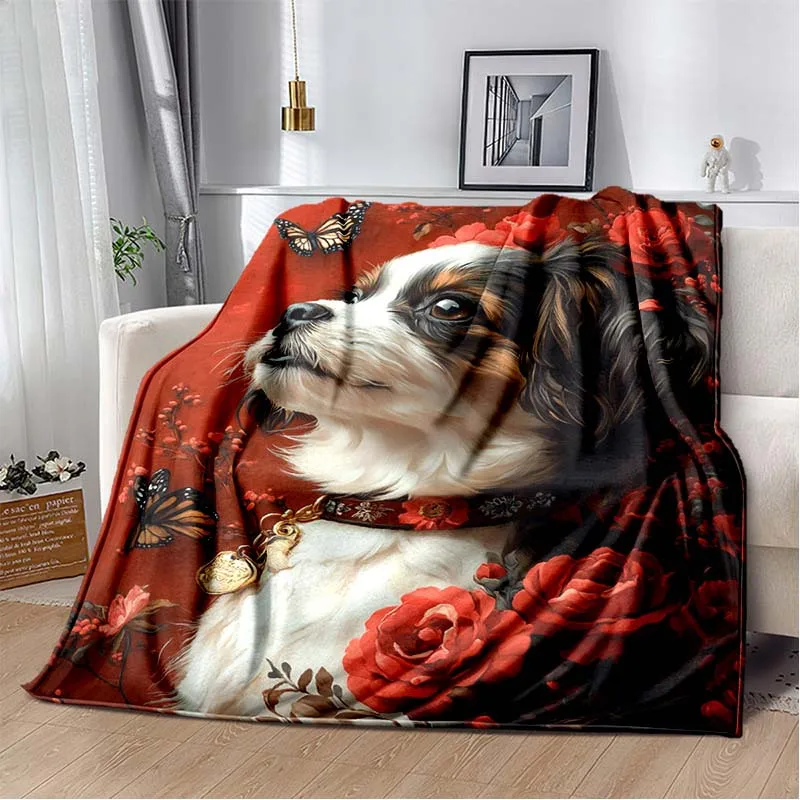 Cocker Spaniel and Red Rose Butterfly Flannel printed blanket suitable for all seasons for living room office sofa and travel