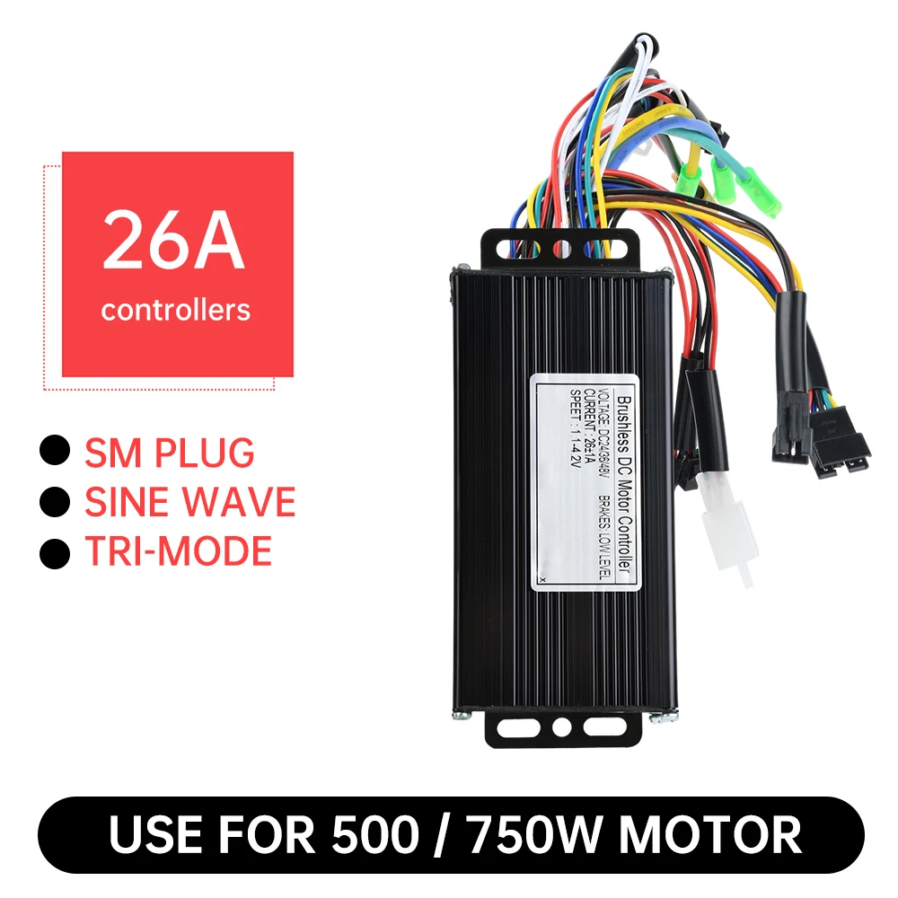 

DC 24V/36/48V Sine Wave Motor Controller 26A 500/750W 3-mode Brushless Controller for Electric Bicycle Tricycle Motorcycle