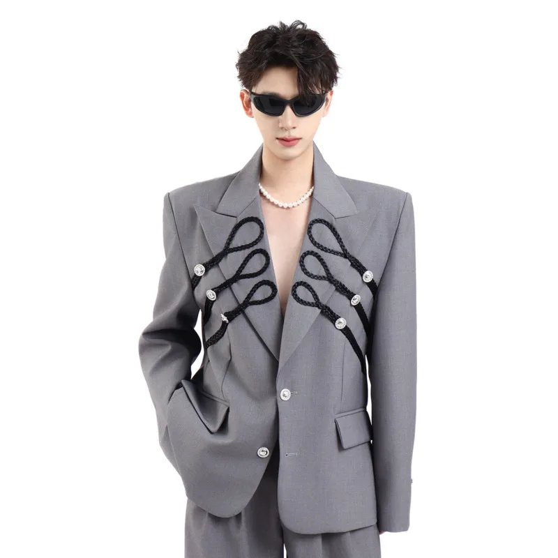 WVGA Spring Autumn New Men Original Design Woven Button Trendy Blazer Niche Chic Casual High-End Suit Pants Two-Piece Set W26268