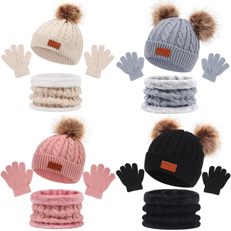 Conjunto monocromático de cachecol e luvas de bebê, gorro de malha, bonitinho pompom, acessórios infantis quentes ao ar livre, 1-5 anos, 3 peças, inverno