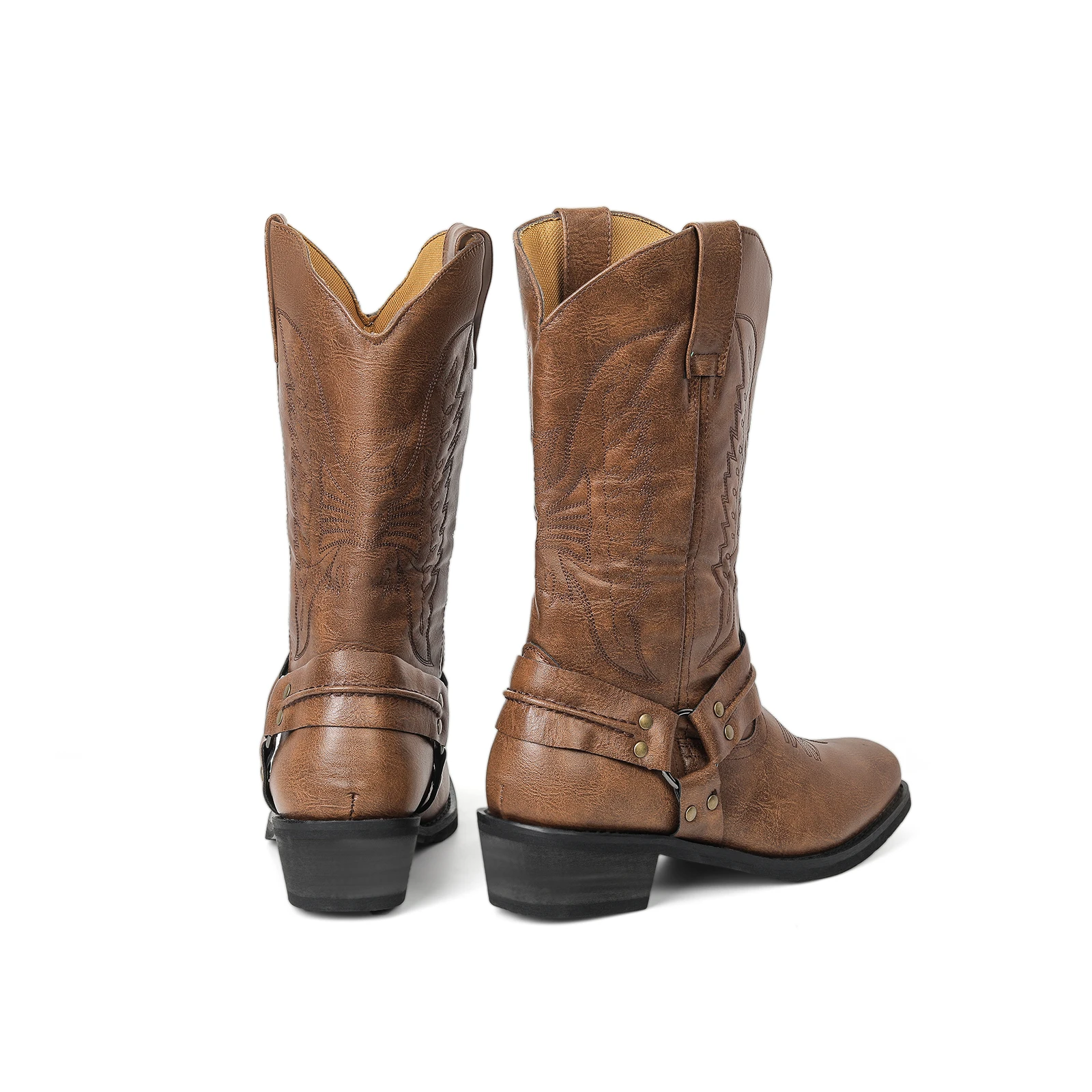 Męskie kowbojki motocyklowe w stylu western, jesienne buty outdoorowe ze skóry PU z motywem totemu, buty do połowy łydki w stylu retro na kwadratowym obcasie, buty na Halloween.