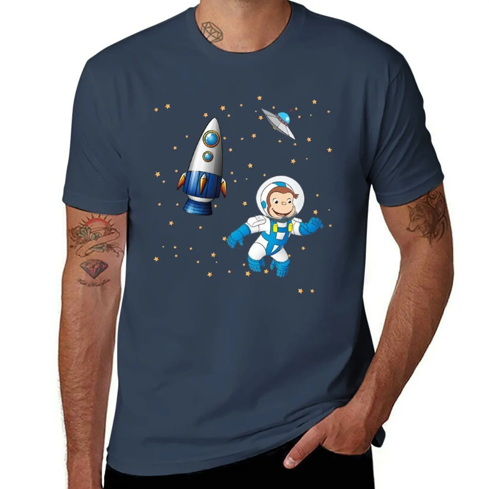 

George the curious monkey astronaut cartoon in space scene for childrens room T-Shirt Worker Basic Short Sleeve Tee