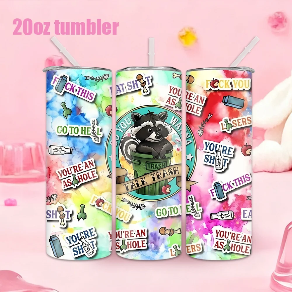 1pc Stainless Steel Water Bottle/Tumbler with Raccoon Trash Can Prank Sticker Design – 20oz (591ml) – Includes Straw