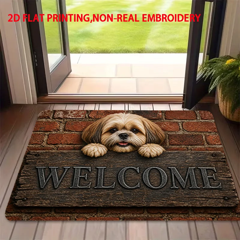 Shih Tzu Welcome Wood Sign Rug Red Brick Base Tan Fur Detail Script Print Non Slip Outdoor Mat For Dog Entryway Decoration