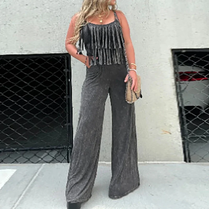 

Lady Fashion Sling Tassels Straight Jumpsuits Autumn Summer New Streetwear Commute Elegant Sleeveless Urban Style Party Rompers