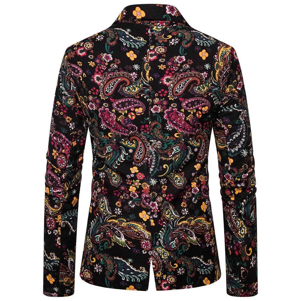 Black Men\'s Printed Suit Jacket, Single Breasted Cotton Linen Casual Coat, V-Neck Long Sleeve Blazers, Fall Breathable Top