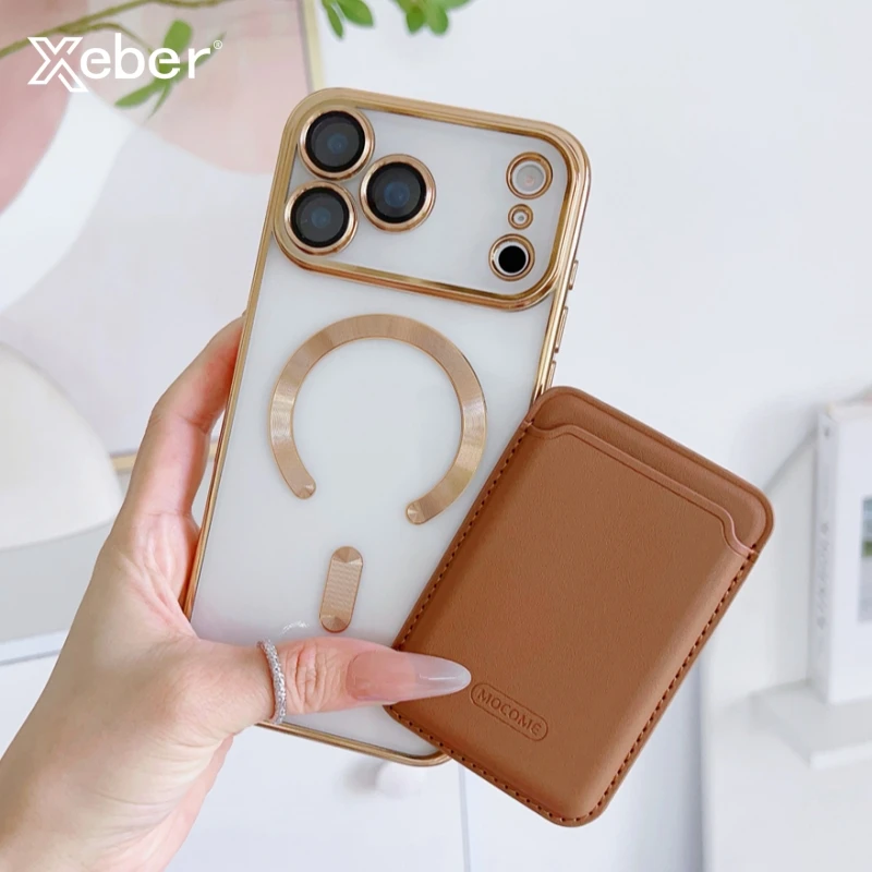 

Кожаный магнитный держатель для карт, прозрачный чехол для телефона iPhone 17 Air Pro Max 16 Plus с линзой, пленочным покрытием, противоударный чехол для ПК